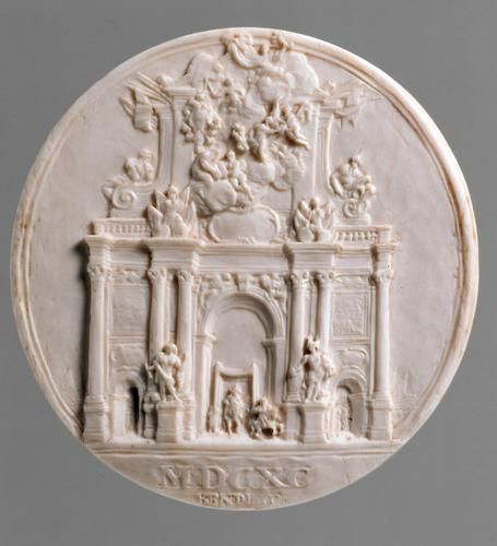 Ivory relief. Medallion mit Triumphbogen für König Joseph I. ( Medallion with triumphal arch for King Joseph I.) Vienna 1690.  Diameter. 6.3 cm. Signature and dating: 
