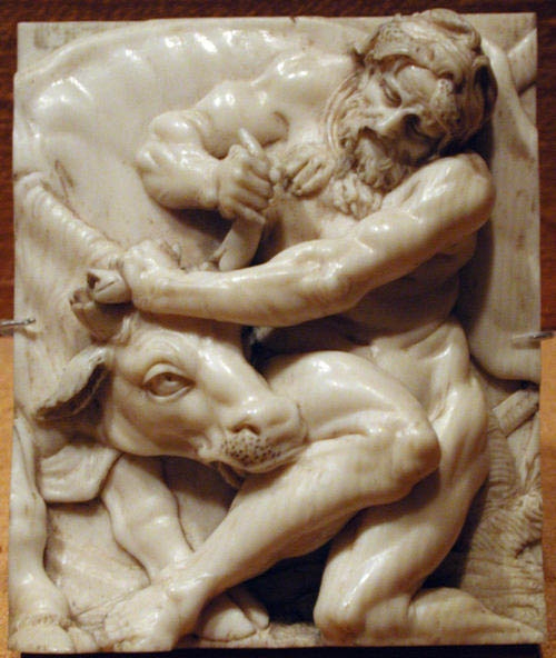 Hercules Wrestling Achelous in the Form of a Bull, Ivory Bas Relief, mid 17th century