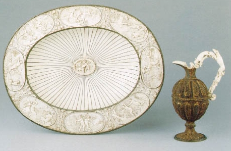 Ivory and wood ewer-shaped jug and oval serving dish, 17th century